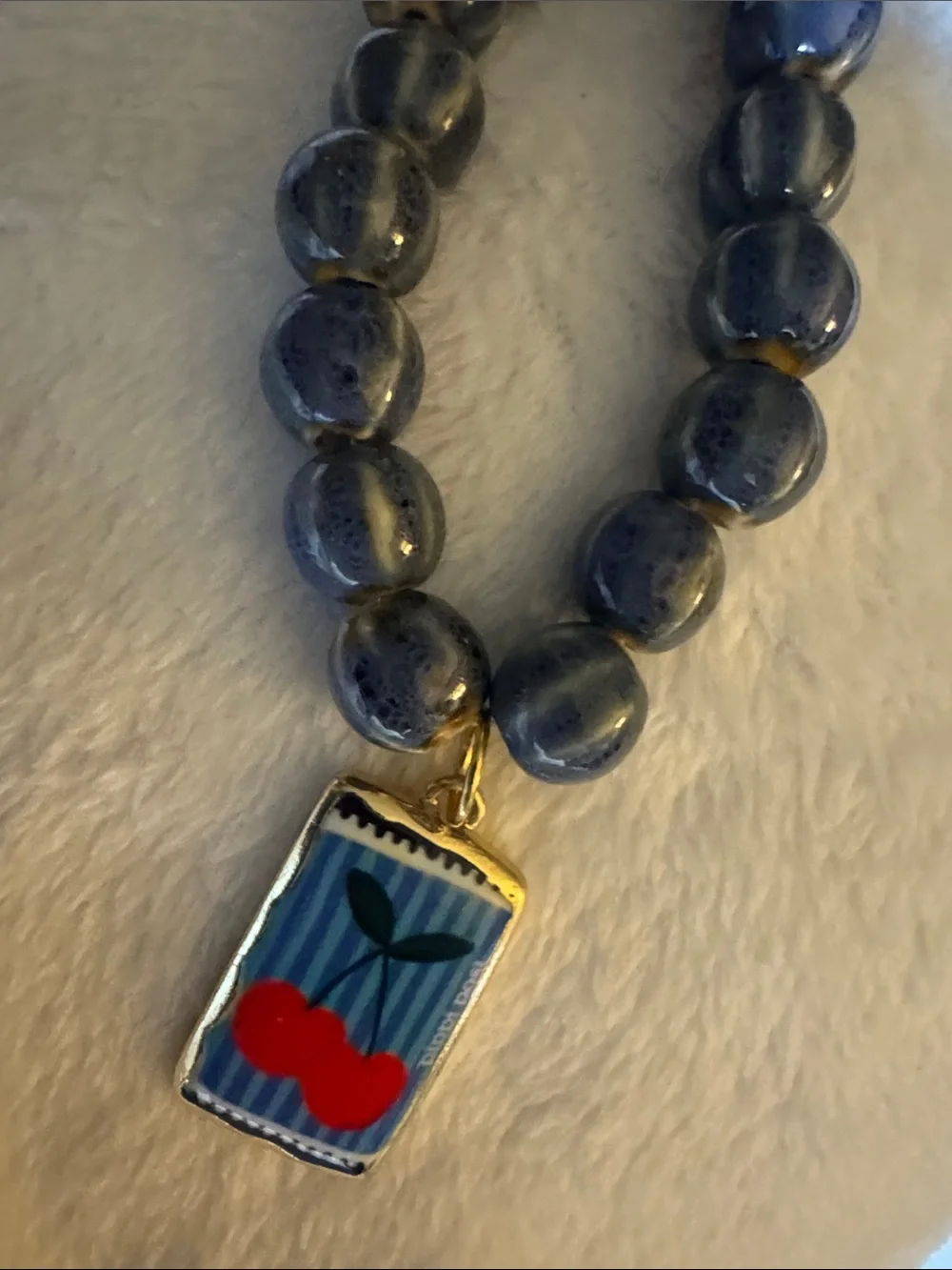 Blue Beaded Necklace with Cherry Pendant - Unbranded